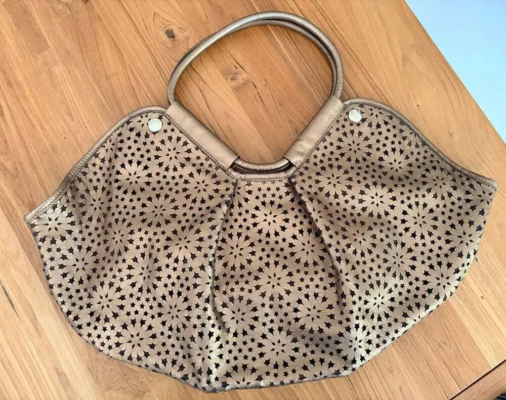 Jimmy Choo Metallic Bronze Star Perforated Leather Tote Shoulder Bag